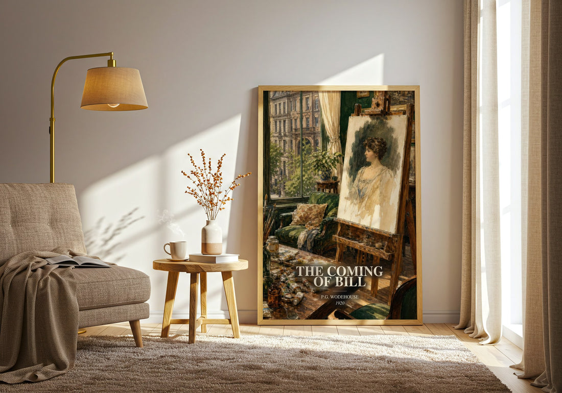 The Coming of Bill watercolour print in frame leaning in hallway – classic literature wall art (mockup)