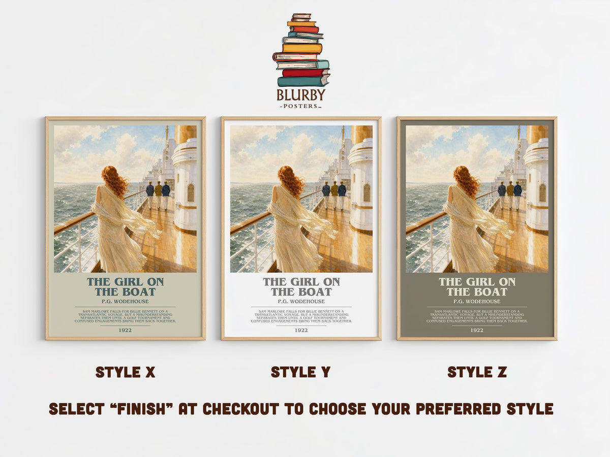The Girl on the Boat bookish print in frame leaning in hallway – romance wall art (mockup)