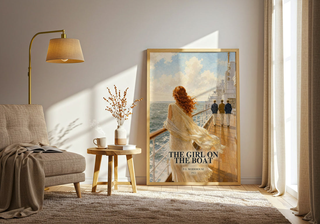 The Girl on the Boat watercolour print in frame leaning in hallway – romance wall art (mockup)