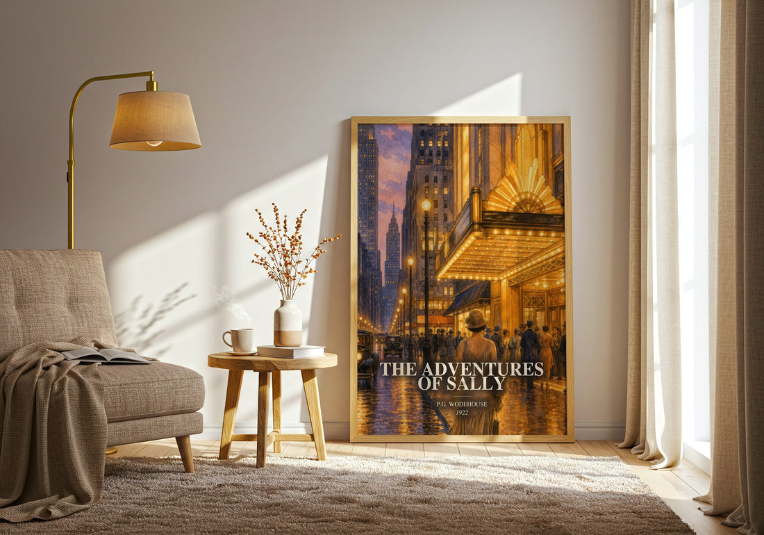 The Adventures of Sally watercolour print in frame leaning in hallway – romance wall art (mockup)