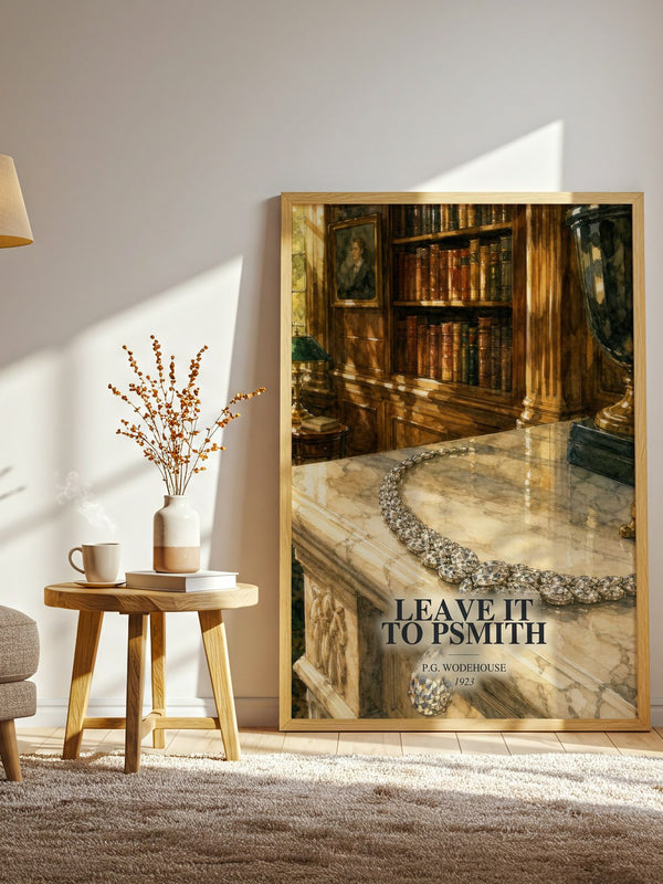 Leave It to Psmith watercolour print in frame leaning in hallway – classic literature wall art