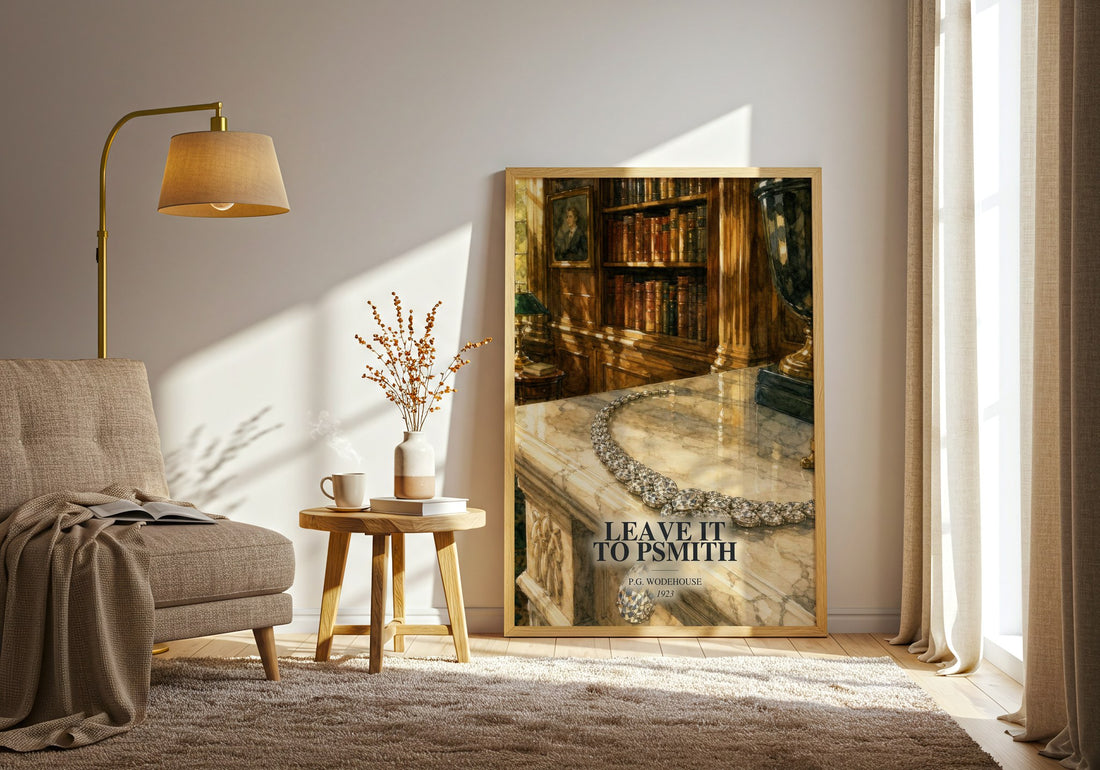 Leave It to Psmith watercolour print in frame leaning in hallway – classic literature wall art (mockup)