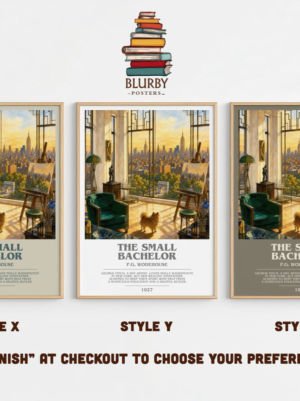 The Small Bachelor bookish print in frame leaning in hallway – satire wall art