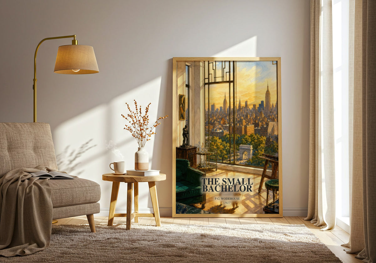 The Small Bachelor watercolour print in frame leaning in hallway – satire wall art (mockup)