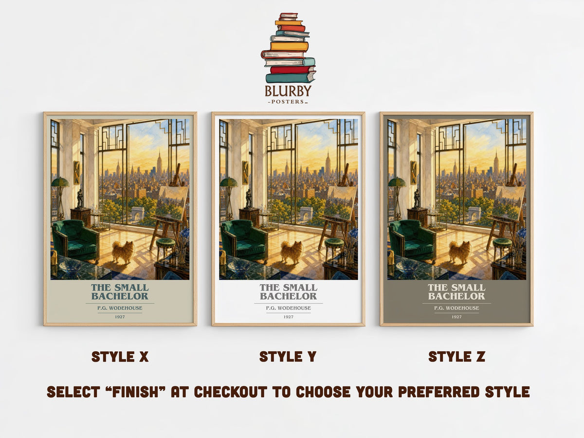 The Small Bachelor book cover print in frame leaning in hallway – satire wall art (mockup)