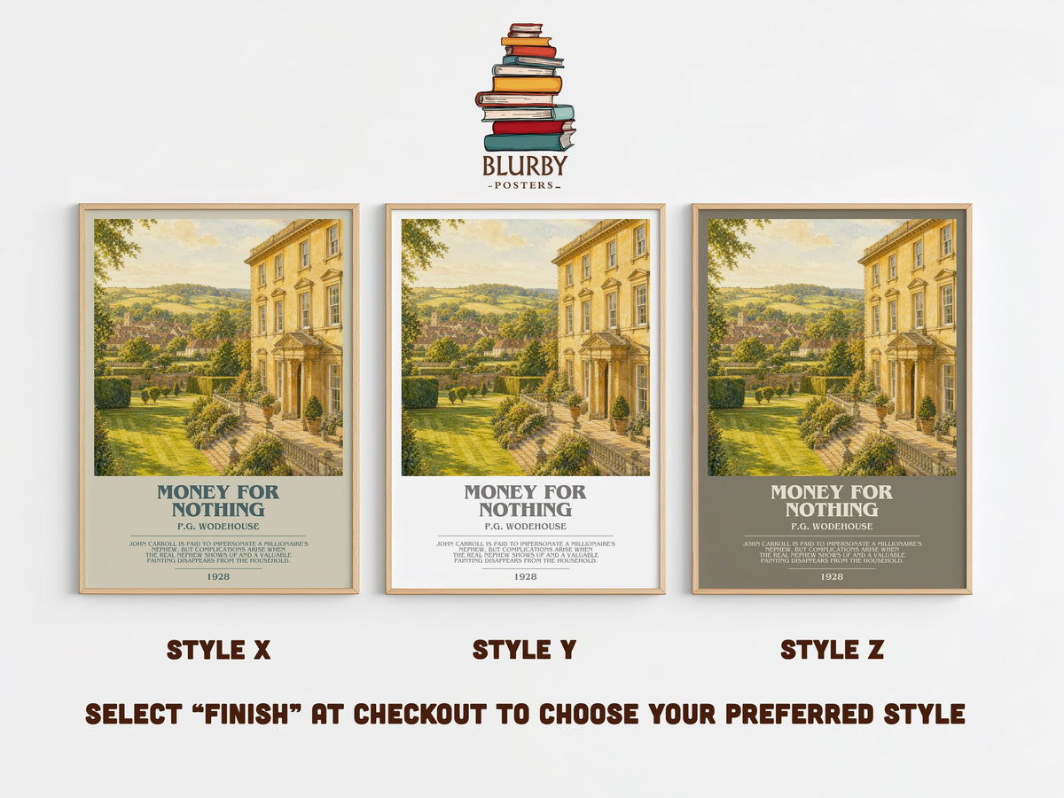 Money for Nothing bookish print in frame leaning in hallway – satire wall art (mockup)