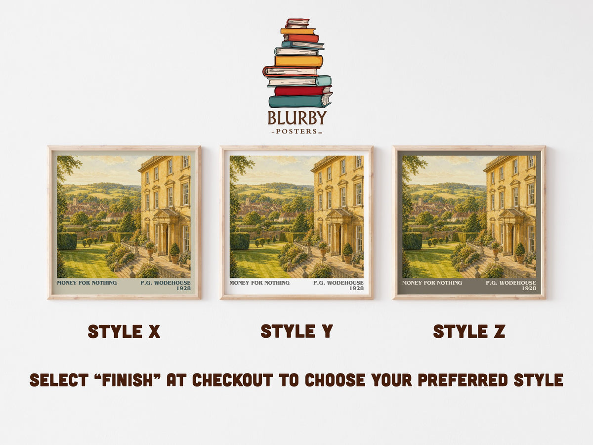 Money for Nothing literary print in frame leaning in hallway – satire wall art (mockup)