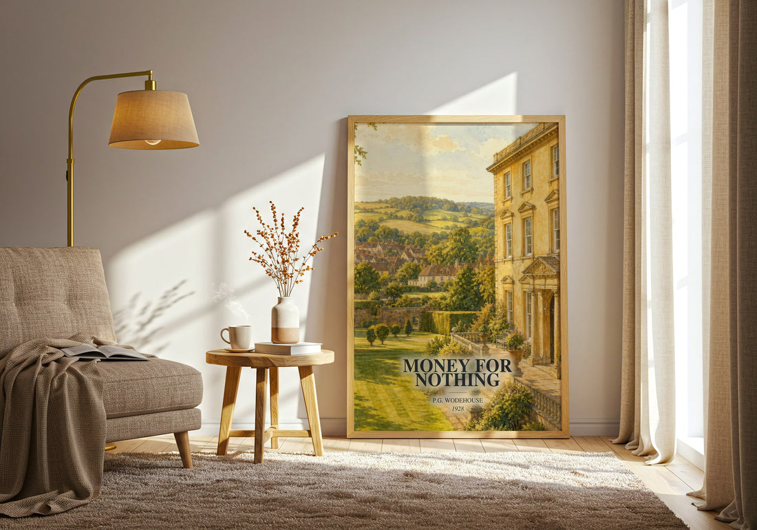 Money for Nothing watercolour print in frame leaning in hallway – satire wall art (mockup)