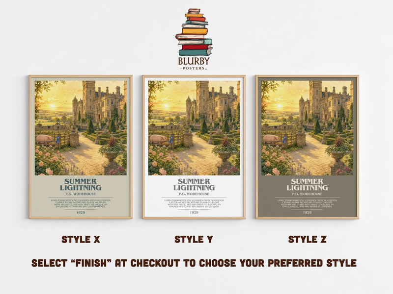 Summer Lightning bookish print in frame leaning in hallway – satire wall art
