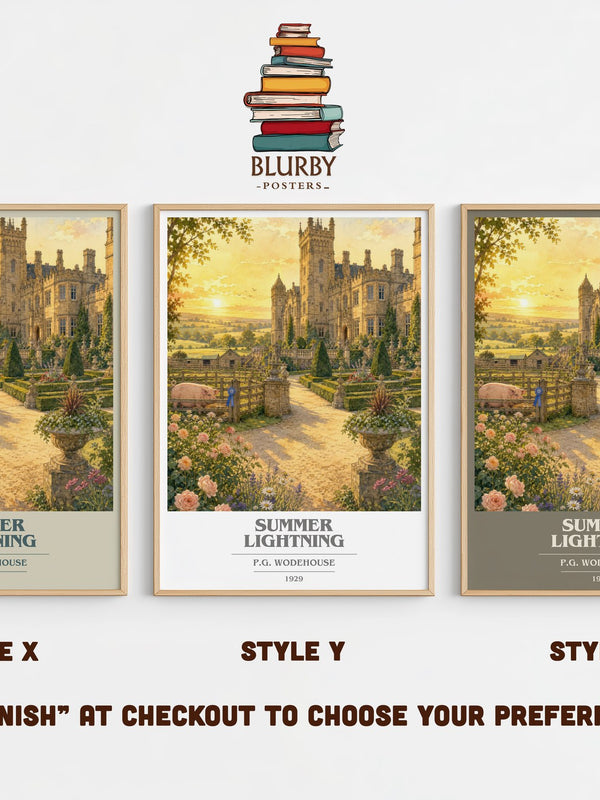 Summer Lightning book cover print in frame leaning in hallway – satire wall art