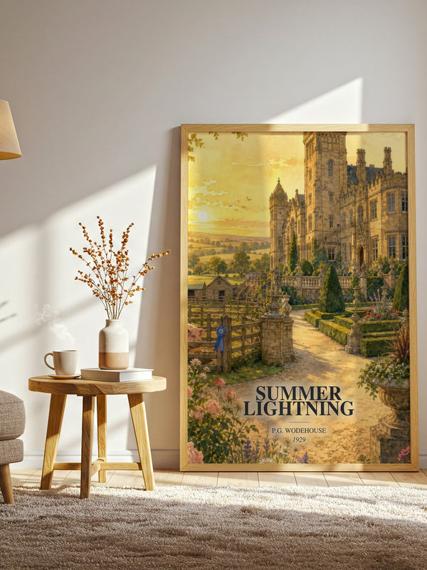 Summer Lightning watercolour print in frame leaning in hallway – satire wall art