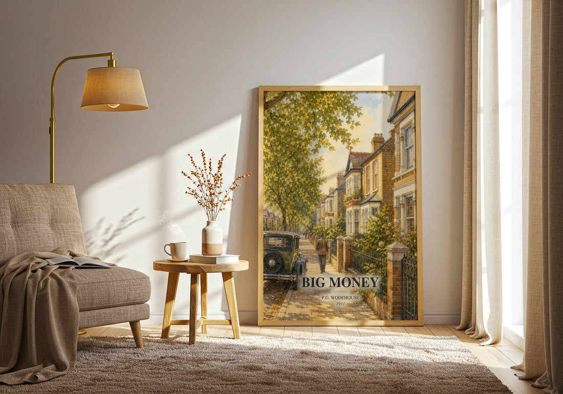 Big Money watercolour print in frame leaning in hallway – classic literature wall art (mockup)