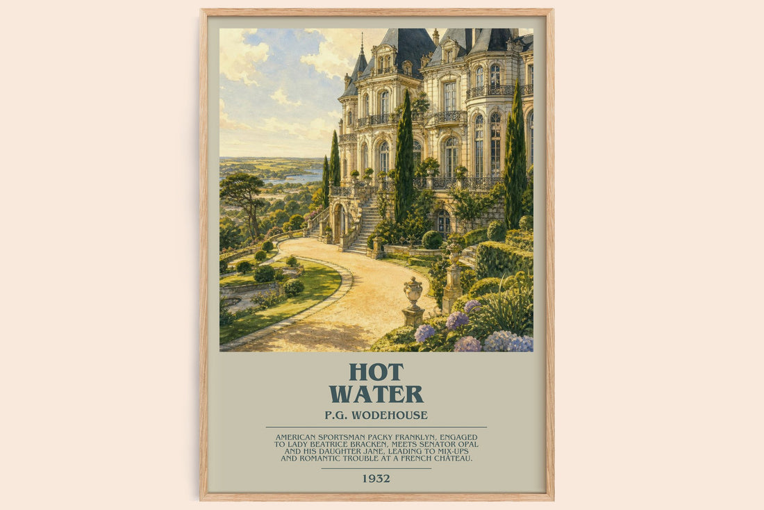 Hot Water bookish book poster by P.G. Wodehouse – framed literary art print