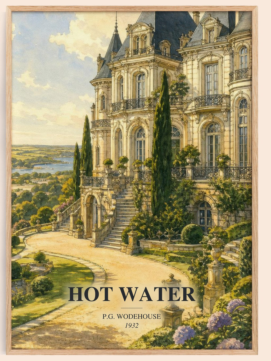Hot Water watercolour book poster by P.G. Wodehouse – framed literary art print