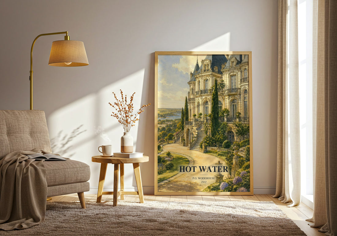 Hot Water watercolour print in frame leaning in hallway – satire wall art (mockup)