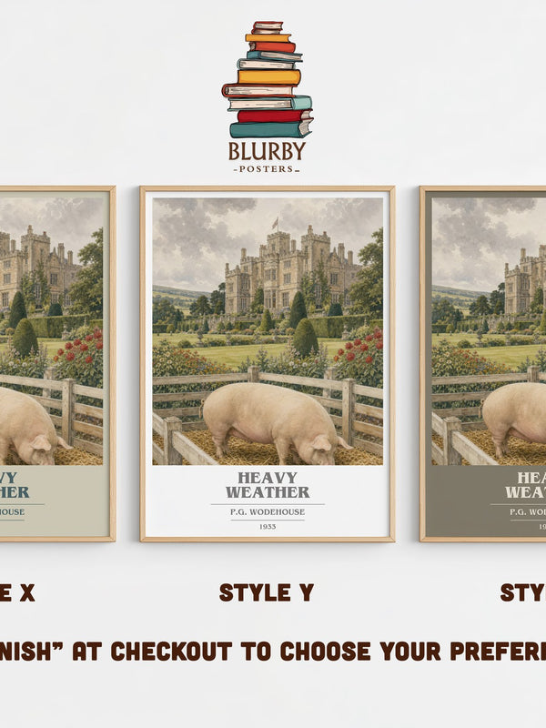 Heavy Weather book cover print in frame leaning in hallway – satire wall art