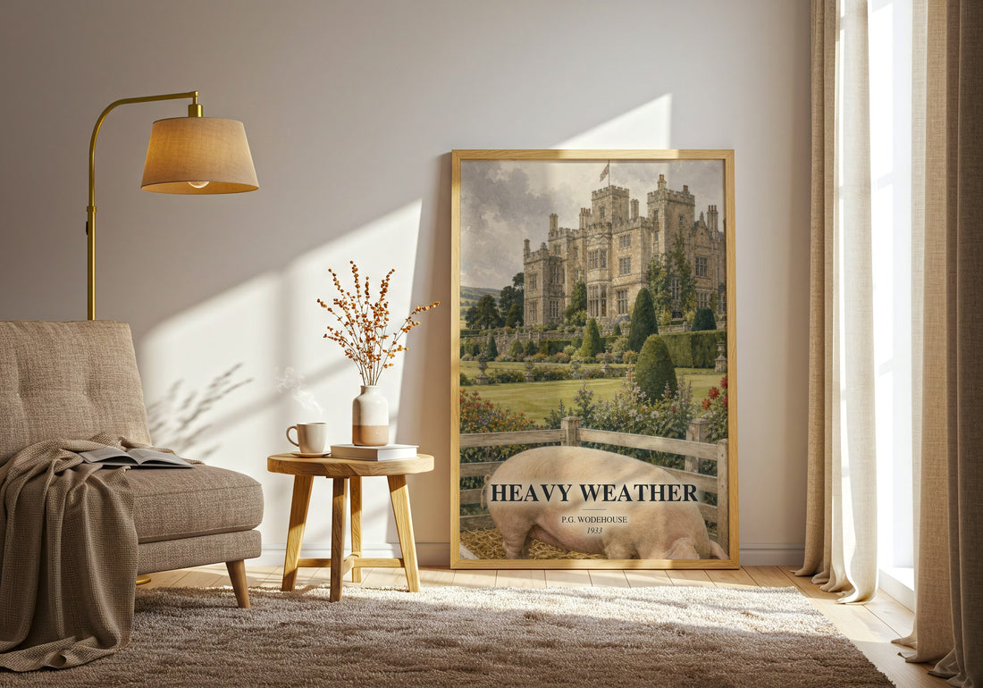 Heavy Weather watercolour print in frame leaning in hallway – satire wall art (mockup)