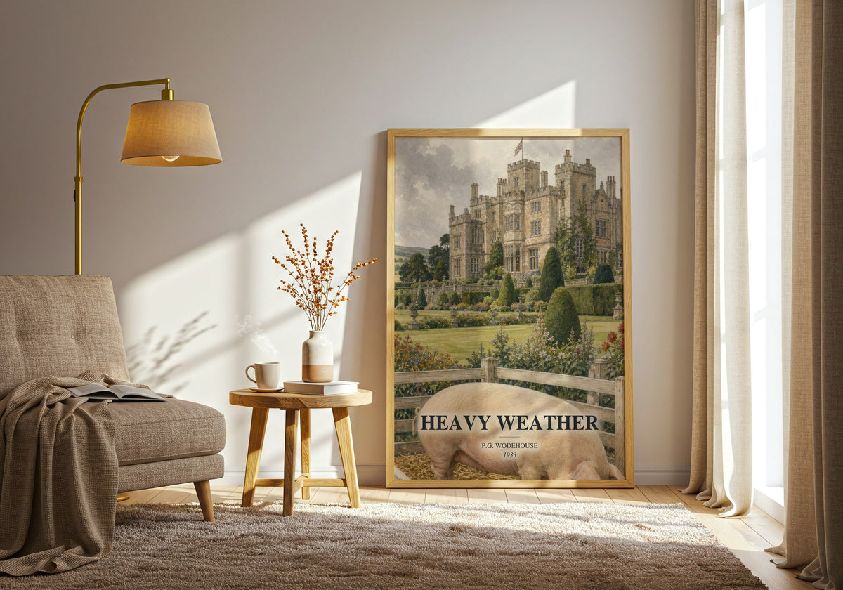 Heavy Weather watercolour print in frame leaning in hallway – satire wall art (mockup)