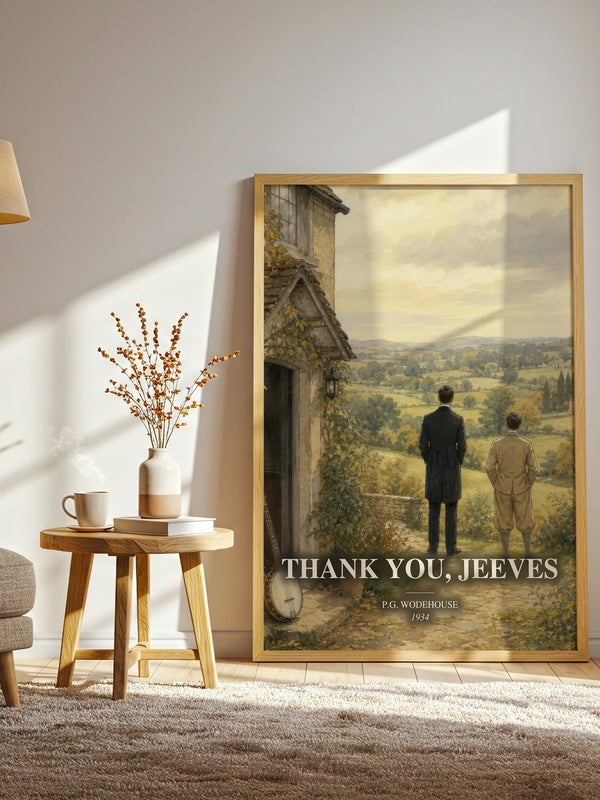 Thank You, Jeeves watercolour print in frame leaning in hallway – satire wall art