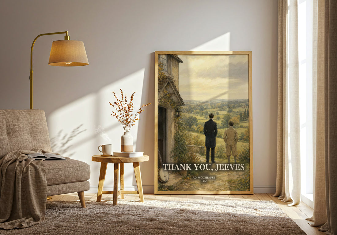 Thank You, Jeeves watercolour print in frame leaning in hallway – satire wall art (mockup)