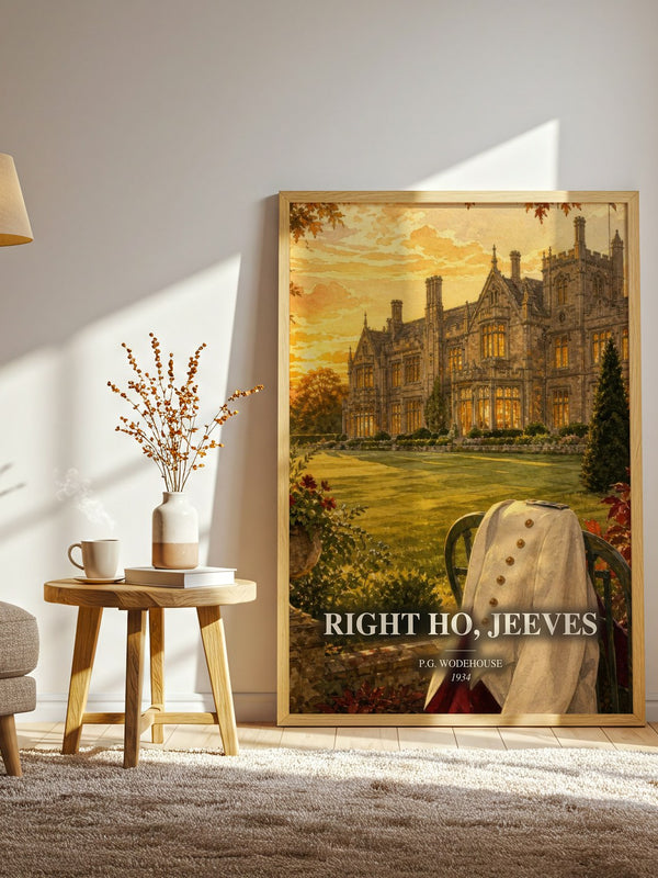 Right Ho, Jeeves watercolour print in frame leaning in hallway – classic literature wall art