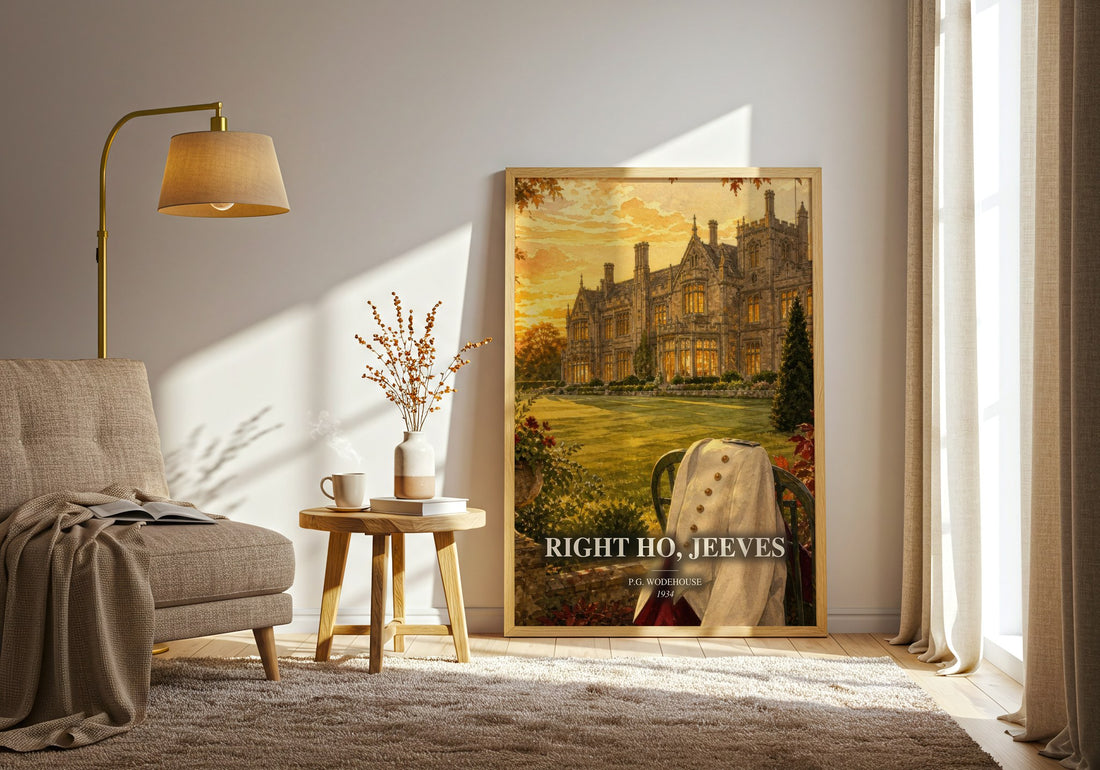 Right Ho, Jeeves watercolour print in frame leaning in hallway – classic literature wall art (mockup)