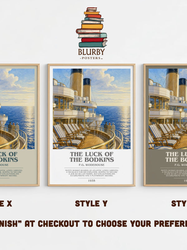 The Luck of the Bodkins bookish print in frame leaning in hallway – satire wall art