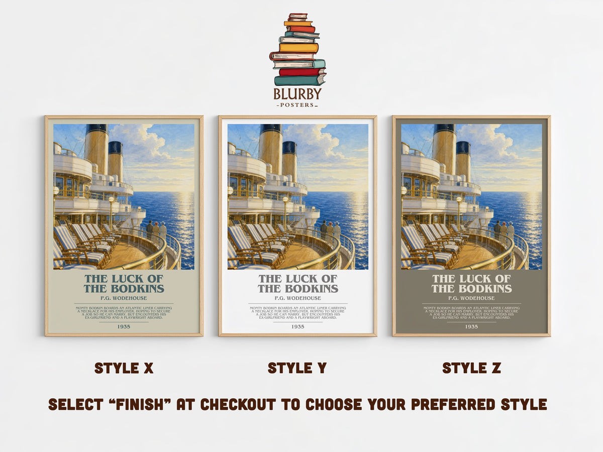 The Luck of the Bodkins bookish print in frame leaning in hallway – satire wall art (mockup)