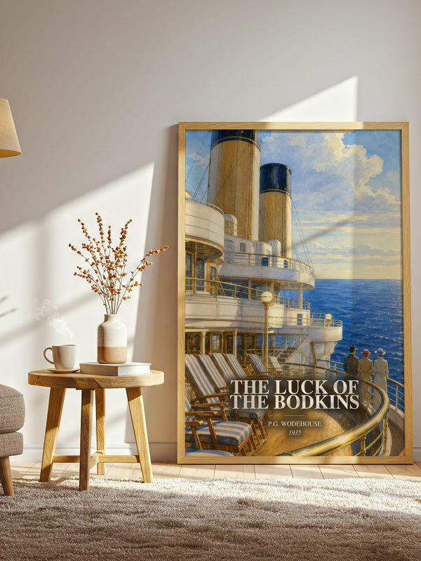 The Luck of the Bodkins watercolour print in frame leaning in hallway – satire wall art