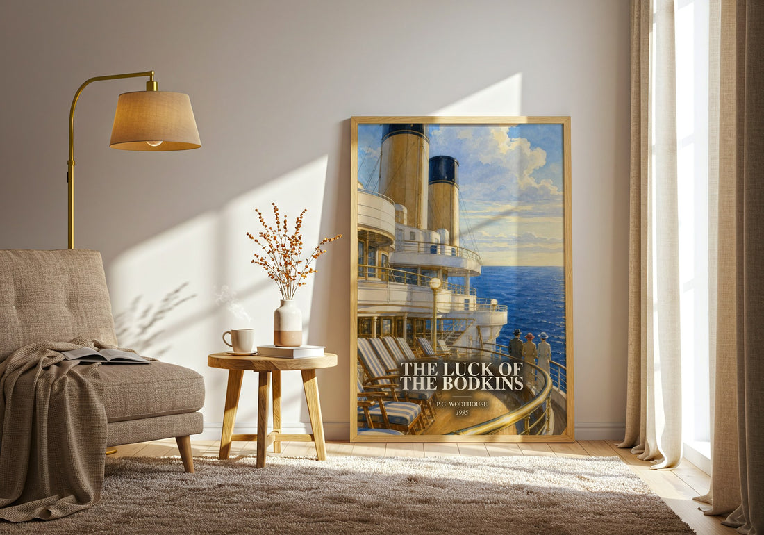 The Luck of the Bodkins watercolour print in frame leaning in hallway – satire wall art (mockup)