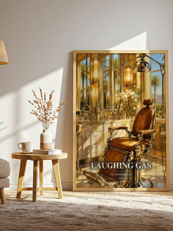 Laughing Gas watercolour print in frame leaning in hallway – satire wall art
