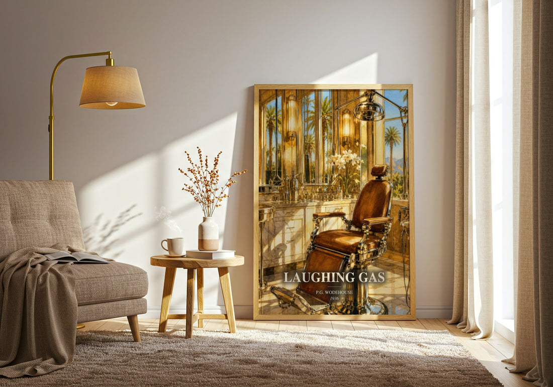 Laughing Gas watercolour print in frame leaning in hallway – satire wall art (mockup)