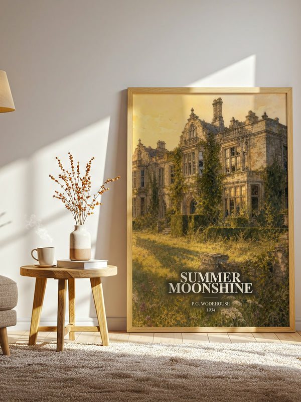 Summer Moonshine watercolour print in frame leaning in hallway – satire wall art