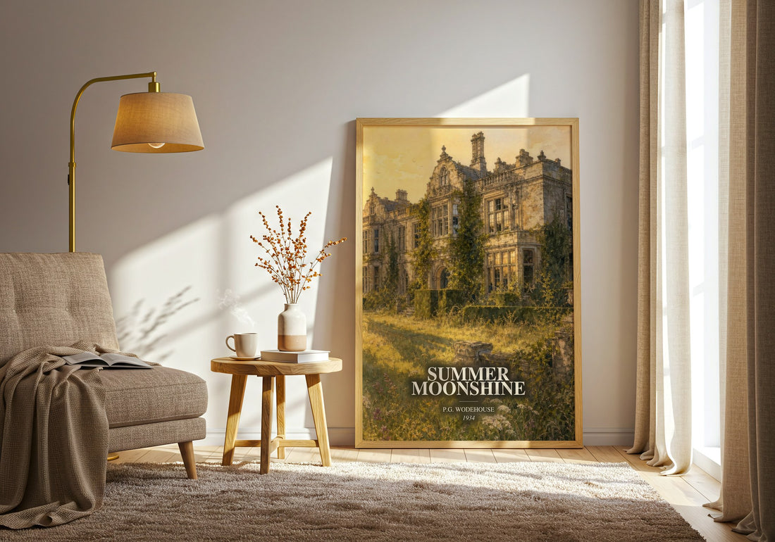 Summer Moonshine watercolour print in frame leaning in hallway – satire wall art (mockup)