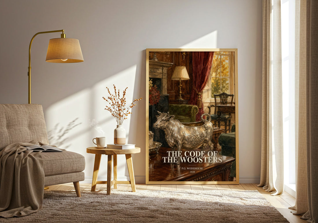 The Code of the Woosters watercolour print in frame leaning in hallway – satire wall art (mockup)