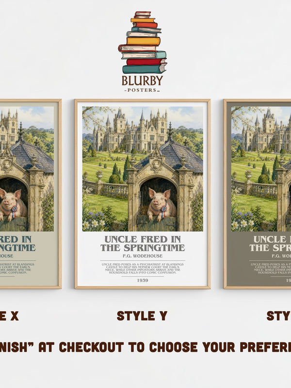 Uncle Fred in the Springtime bookish print in frame leaning in hallway – satire wall art
