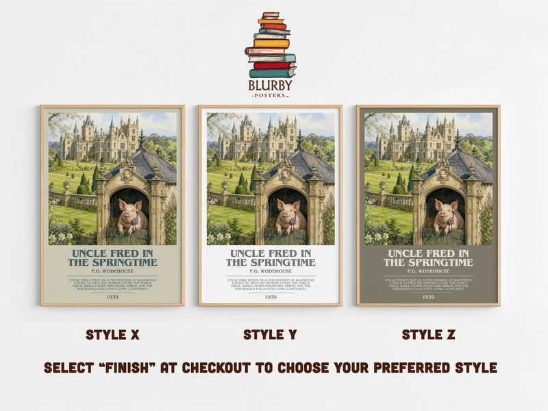 Uncle Fred in the Springtime bookish print in frame leaning in hallway – satire wall art