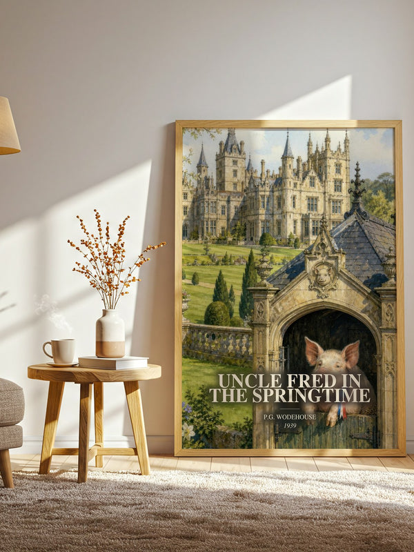 Uncle Fred in the Springtime watercolour print in frame leaning in hallway – satire wall art