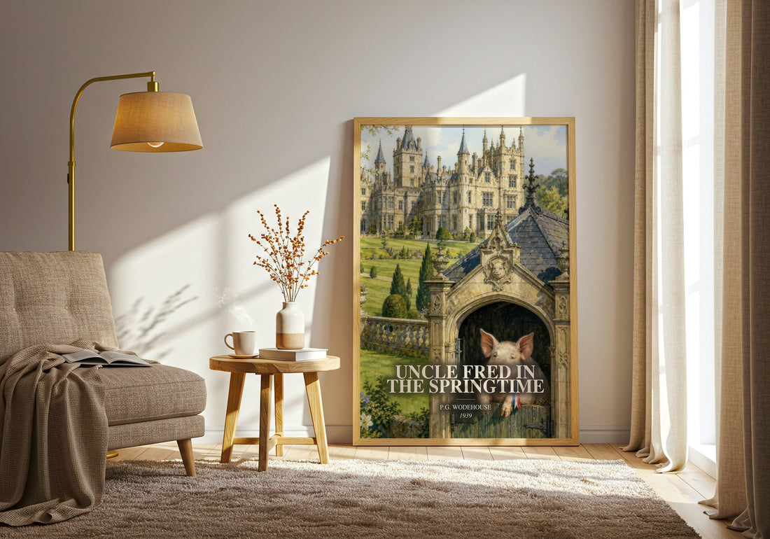 Uncle Fred in the Springtime watercolour print in frame leaning in hallway – satire wall art (mockup)
