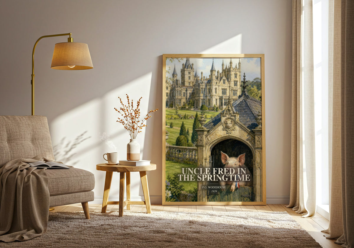 Uncle Fred in the Springtime watercolour print in frame leaning in hallway – satire wall art (mockup)