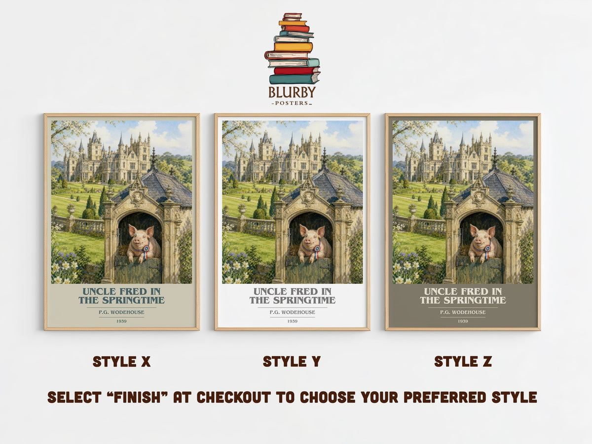 Uncle Fred in the Springtime book cover print in frame leaning in hallway – satire wall art (mockup)