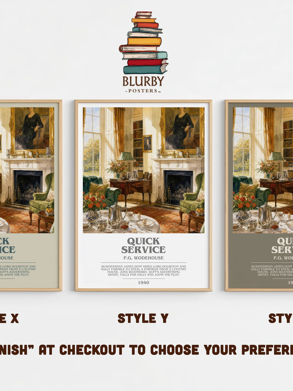 Quick Service bookish print in frame leaning in hallway – satire wall art