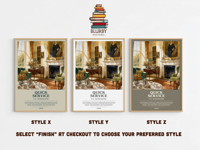 Quick Service bookish print in frame leaning in hallway – satire wall art