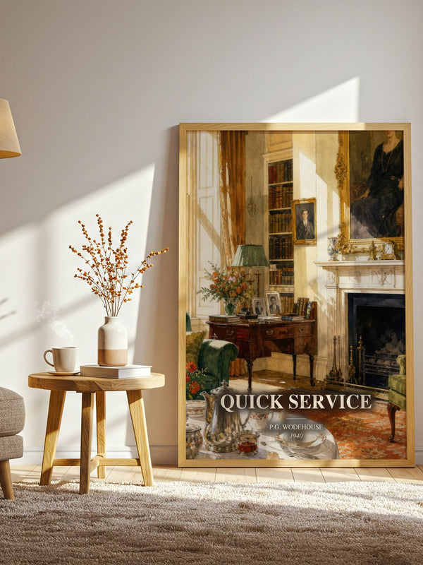 Quick Service watercolour print in frame leaning in hallway – satire wall art