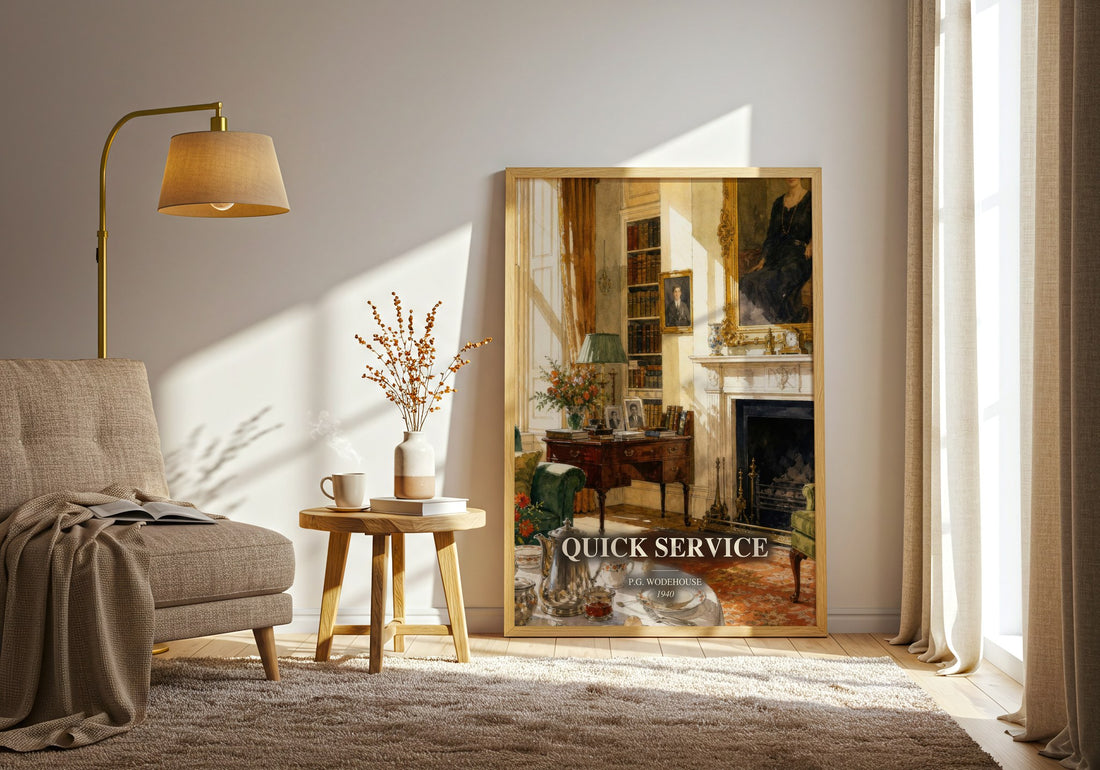 Quick Service watercolour print in frame leaning in hallway – satire wall art (mockup)
