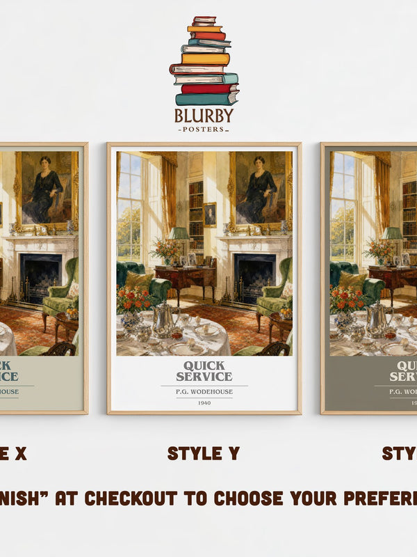 Quick Service book cover print in frame leaning in hallway – satire wall art