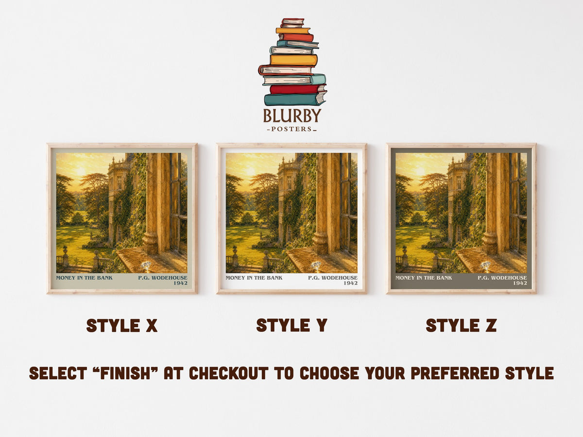 Money in the Bank literary print in frame leaning in hallway – satire wall art (mockup)