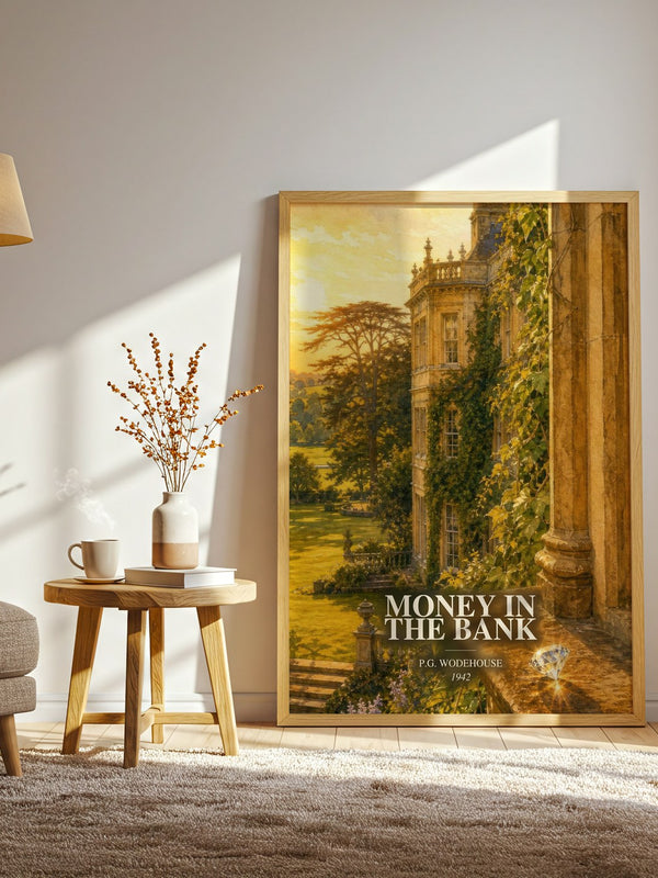Money in the Bank watercolour print in frame leaning in hallway – satire wall art