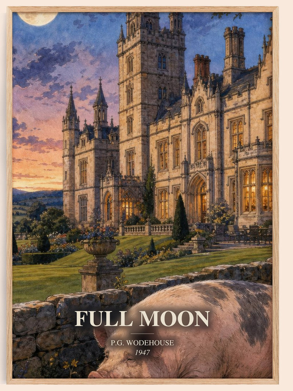 Full Moon watercolour book poster by P.G. Wodehouse – framed literary art print