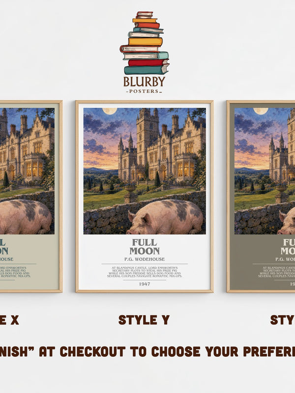Full Moon bookish print in frame leaning in hallway – satire wall art